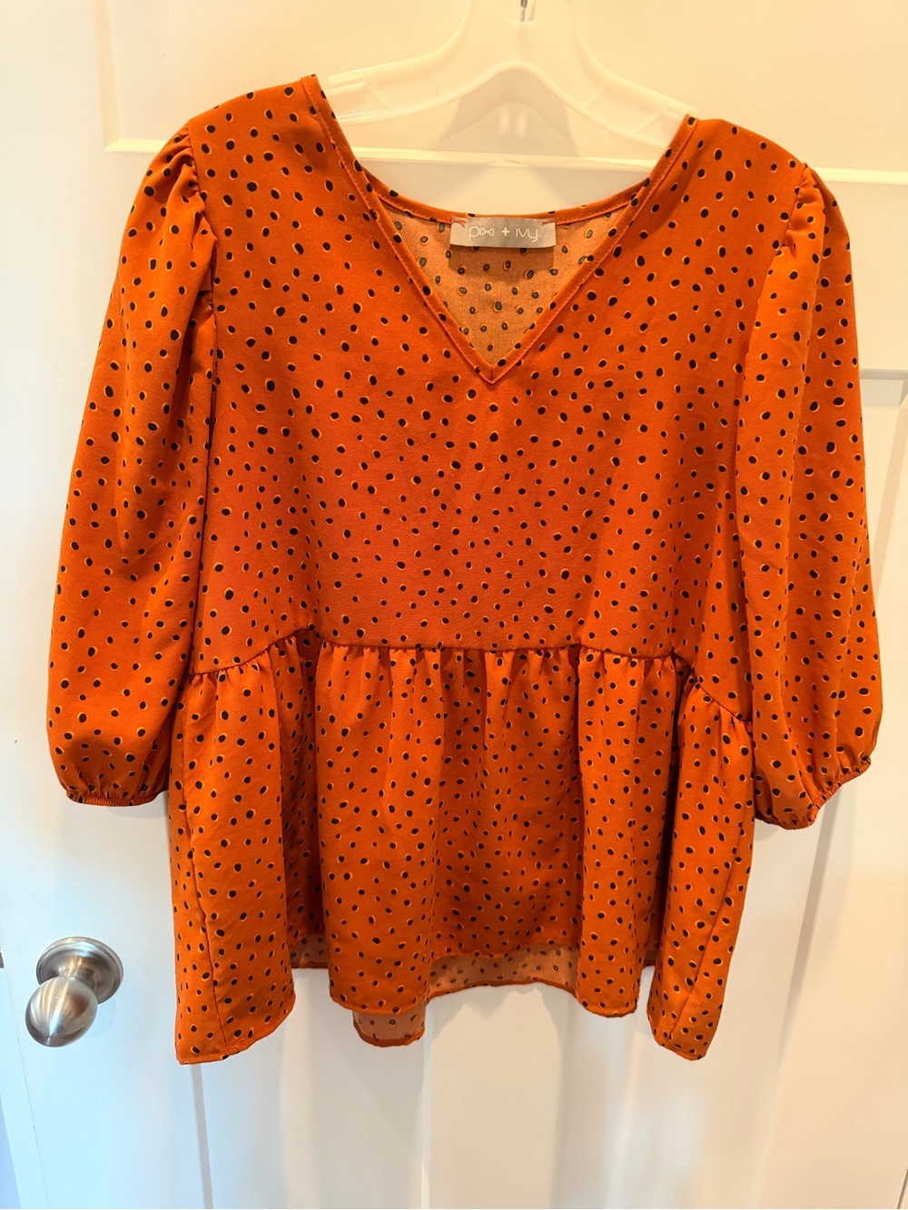 Pixi + Ivy Rust Polka Dot Babydoll Blouse Large Puff Sleeve Top